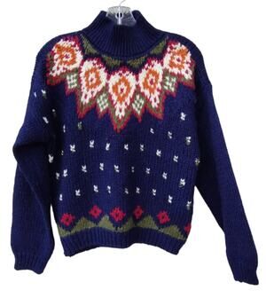 Jamie Scott Women's Knitted by Hand Ramie Wool Sweater Navy Blue Fair Isle S
